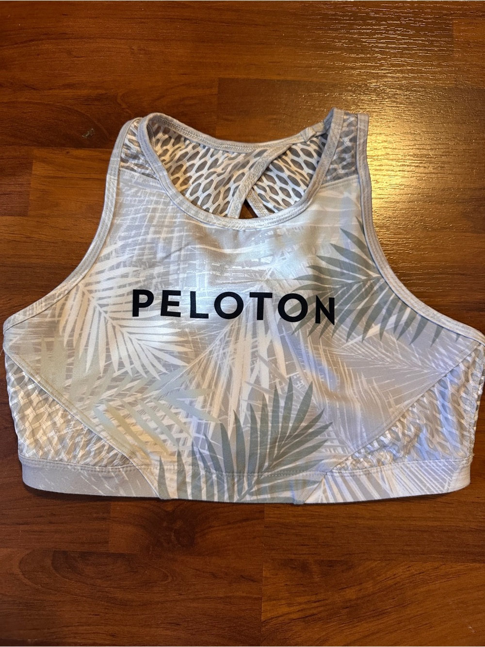 Peloton White and Light Gray Palm-Print Racerback Sports Bra